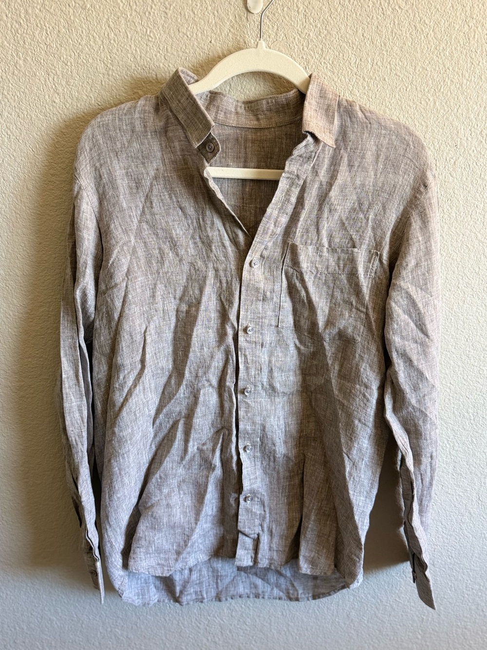 100% Linen Button Up Blouse Light Brown Taupe Size Medium Coastal Lightweight